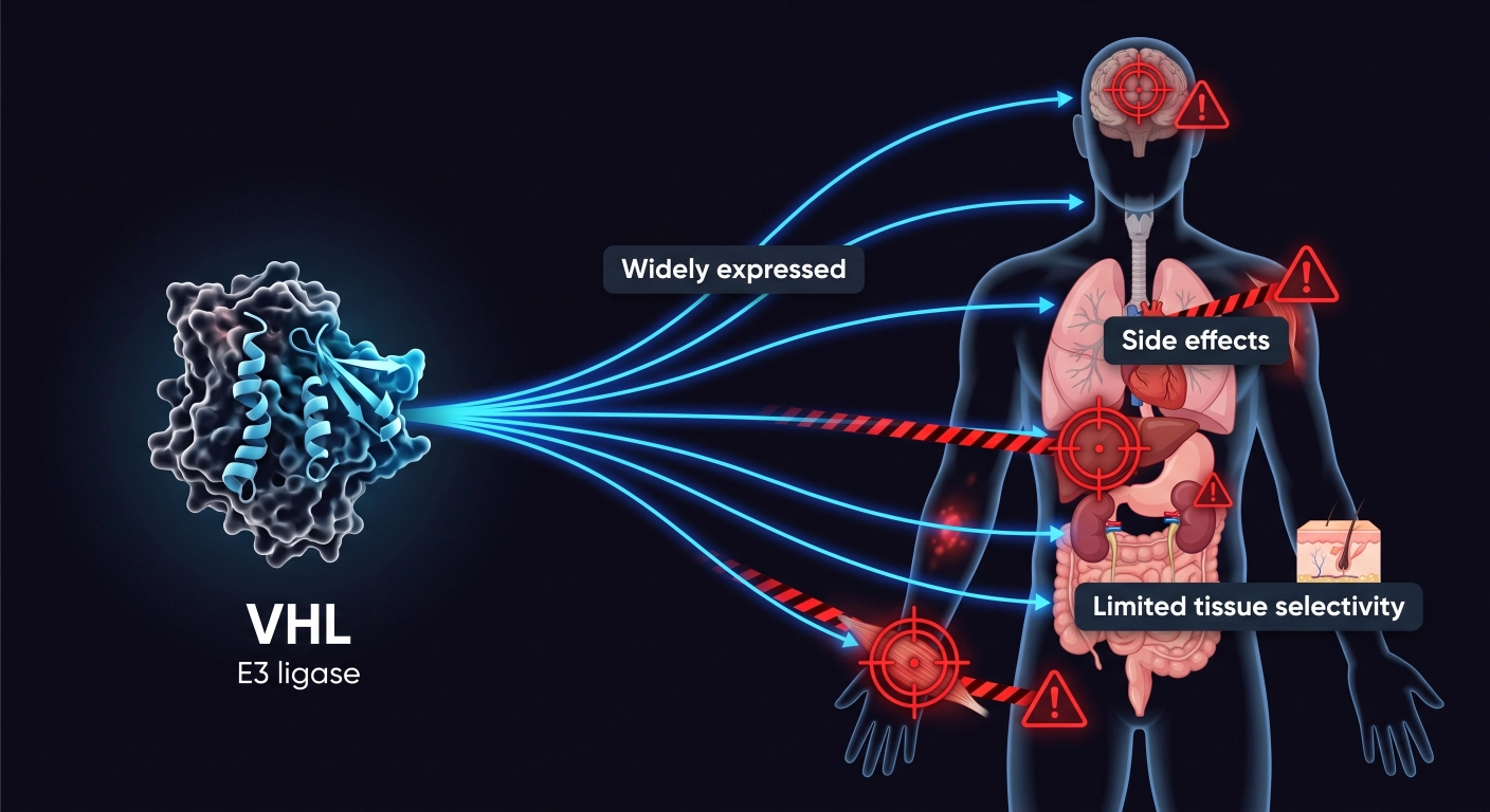 A single E3 ligase, VHL, is expressed across many tissues in the body, causing off-target side effects and limiting tissue selectivity.