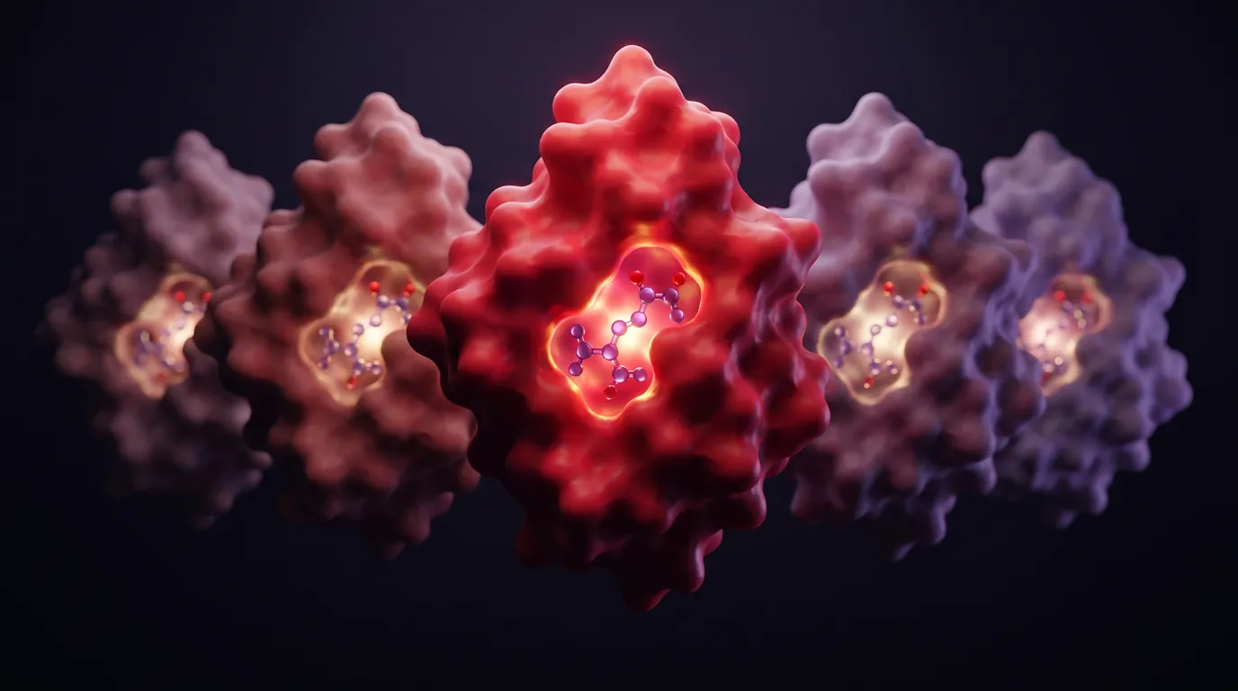 3D render of a row of related sibling proteins, each with the same conserved pocket holding the same glowing small molecule, so the ligand cannot tell the intended target from its relatives