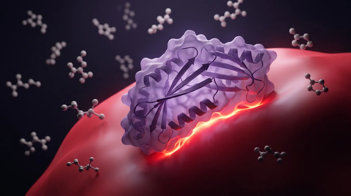3D render of a protein binder engaging a broad, flat, glowing protein surface while small molecules drift nearby with no pocket to grip